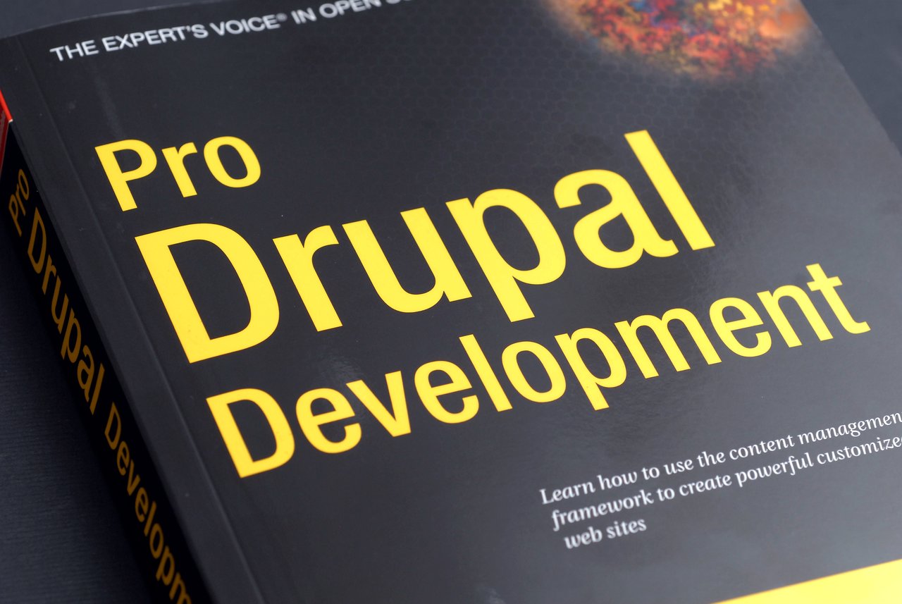 Book pro Drupal development Close-up of the book cover "Pro Drupal Development" with bold yellow text on a black background.