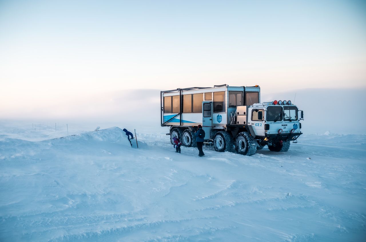Into the glacier A converted German missile launcher in front of the entrance of the glacier.