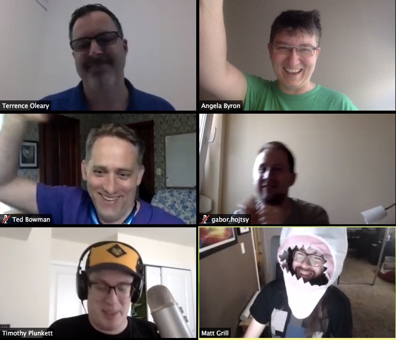 Octo outside in the team A group of six people on a video call celebrating the Outside-In patch being committed to Drupal 8.