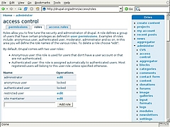 Drupal in A screenshot of the Drupal content management system's access control settings page from 2006.